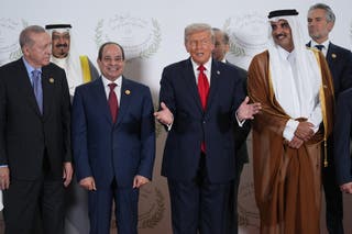 Turkish President Recep Tayyip Erdogan, Egyptian President Abdel Fattah al-Sisi, US President Donald Trump, and Emir of Qatar Cheikh Tamim ben Hamad al-Thani and other leaders pose for a family picture at the Gaza summit in Sharm El-Sheikh on 13 October 2025